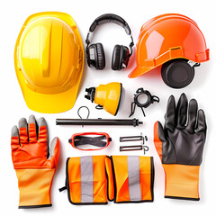set of construction helmet and tools, safety equipment, collection  isolated on white, top view 