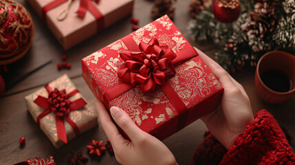 people handing a red rich elegantly wrapped gift box to another for Chinese new year celebration Generative AI