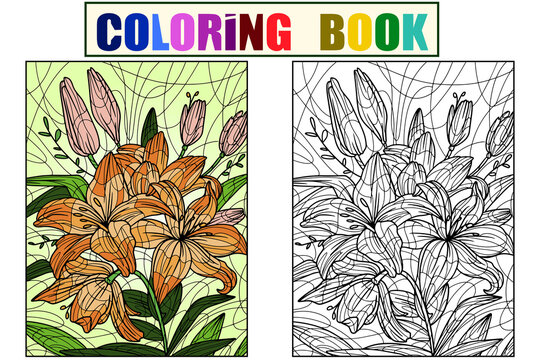 Flowers lilium. Seth coloring book and color drawing. Antistress for children and adults.
