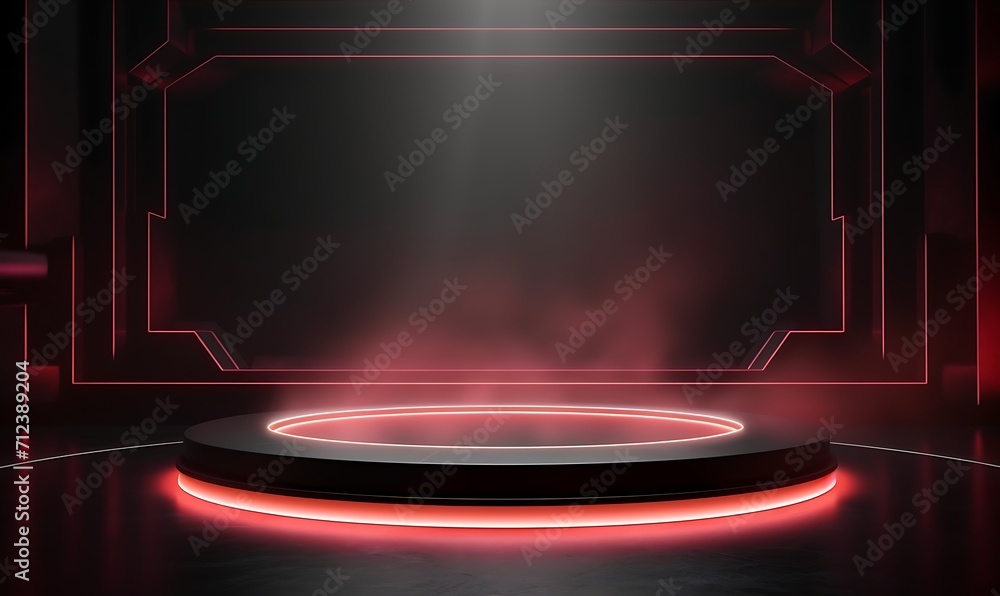 Aufkleber empty podium for products display with smoke and neon light wall, 3d rendering, unreal engine. gener
