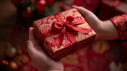 people handing a red rich elegantly wrapped gift box to another for Chinese new year celebration Generative AI