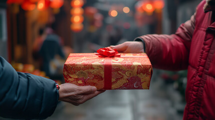 people handing a red rich elegantly wrapped gift box to another for Chinese new year celebration Generative AI