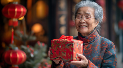 oldwoman handing a red rich elegantly wrapped gift box to another for Chinese new year celebration Generative AI