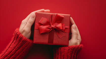 A person handing a red rich elegantly wrapped gift box to another for Chinese new year celebration. Generative AI