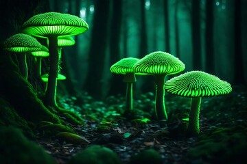 Fototapeta premium Bioluminescent mushrooms - green bioluminescent mushrooms glowing in a dark forest. Glowing neon mushrooms in a dark forest. Beauty of nature.