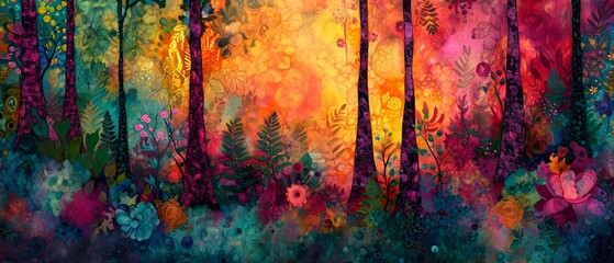 Enchanted Forest in Vivid Watercolors - obrazy, fototapety, plakaty