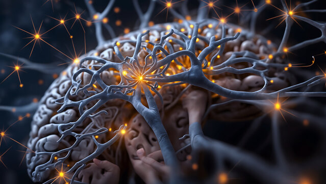 close up of human brain showing neurons firing and neural extensions, human brain, Close up, Generative AI