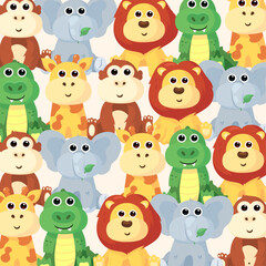Obraz premium Cute flat vector illustration and pattern with giraffe,crocodile,monkey and lion.Illustration of the food these animals eat and coloring of these animals.