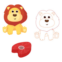 Cute flat vector illustration and pattern with giraffe,crocodile,monkey and lion.Illustration of the food these animals eat and coloring of these animals.