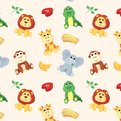 Naklejka premium Cute flat vector illustration and pattern with giraffe,crocodile,monkey and lion.Illustration of the food these animals eat and coloring of these animals.