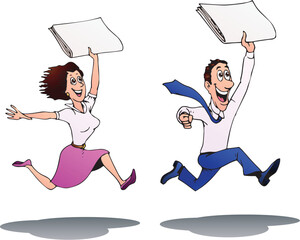 illustration of a man and woman bring good news on isolated white background