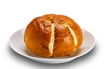 Homemade korean cream cheese garlic bread in white ceramic dish isolated on white background with clipping path.