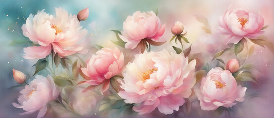 Beautiful peony flowers in sun blure and light rays with colored filters. - obrazy, fototapety, plakaty