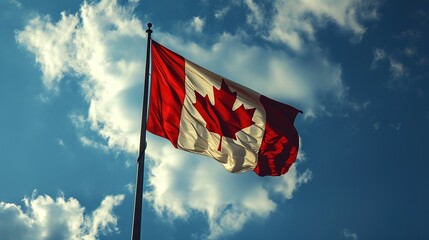 The flag of Canada flutters in the wind against a bright blue sky. Created with Generative Ai technology.
