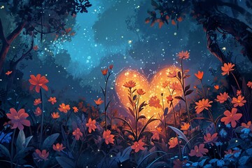 Fototapeta na wymiar illustration of glowing flowers on forest night background with heart, love shaped forest wallpaper