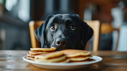 Photos of a hungry dog and food in the kitchen at home. A black Labrador sniffs pancakes before stealing them from the table