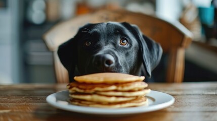 Photos of a hungry dog and food in the kitchen at home. A black Labrador sniffs pancakes before...