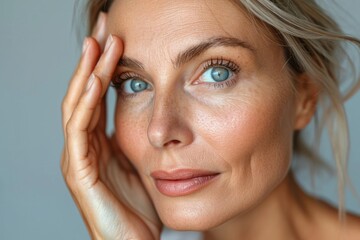 Fototapeta premium Close-up photo of adult woman touching her skin, she applies moisturizing cream balm. Cosmetology, plastic surgery, healthy lifestyle. Radiant skin. Advertising of cream, skin health products