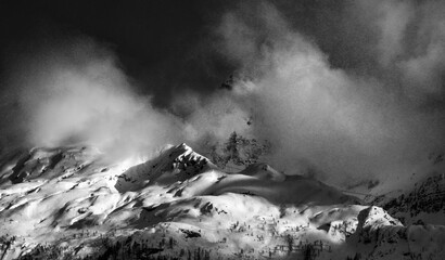 Snow on Mount Canin and Montasio. Black and white