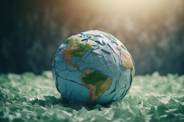 Paper globe of the earth on a background of crumpled paper. Earth day concept.