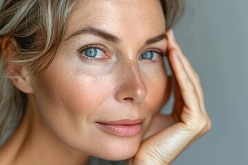 Close-up photo of adult woman touching her skin, she applies moisturizing cream balm. Cosmetology, plastic surgery, healthy lifestyle. Radiant skin. Advertising of cream, skin health products