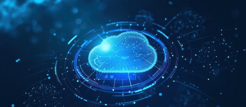 Blue digital cloud computing logo with particle ring circle , futuristic abstract background, illustration
