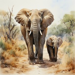 A mother and child elephant in watercolor style. AI generate illustration