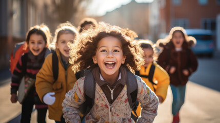 Friendship and laughter light up the path to school for this lively group of children - obrazy, fototapety, plakaty
