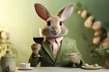Velours gordijnen Toilet Easter bunny in a business suit with a glass of red wine on a table on a blurred background