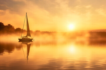 A serene scene of a sailboat on a misty lake, illuminated by the golden hues of the rising sun, ai...