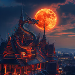 The sacred dragon admires the moon at night.