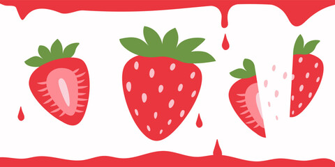 Juicy strawberry illustration in flat cartoon style.Banner with strawberry.
