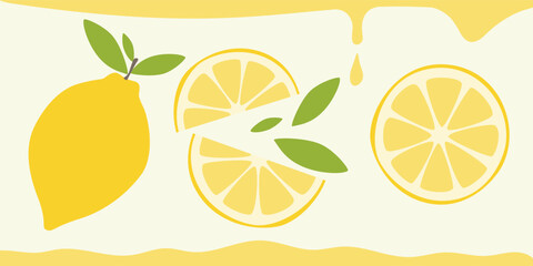 Fruit flat minimal illustration.Banner with juicy lemons.
