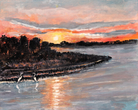Acrylic sketch depicting white herons at sunset or sunrise.