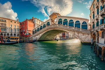 Panoramic view of the Rialto Bridge and Canal Grande in Venice, Italy - obrazy, fototapety, plakaty