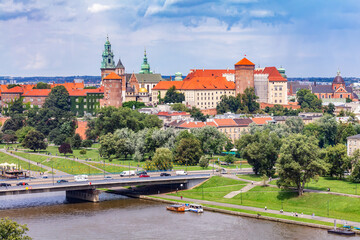 Wawel Royal Castle and Vistula river in Cracow, Poland aerial view
