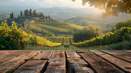 Serene tuscan landscape viewed over rustic wooden table. vineyards under setting sun. AI