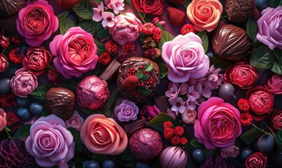 Bouquet of flowers, chocolates, valentines day card