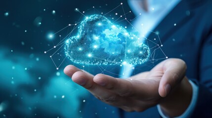 Digital cloud computing logo show on hand Businessman . Cloud technology. Data storage