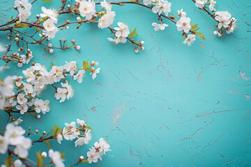 Beautiful spring nature background with lovely blossom, petal a on turquoise blue background , top view, frame. Springtime concept.