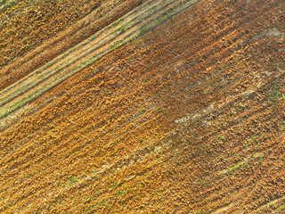 Aerial view of agriculture plowed field. Minimal tillage for healthier soils. Fertile soil in organic agricultural farm. Soil conservation. Sustainable agriculture. Soil fertility. Plowed land.
