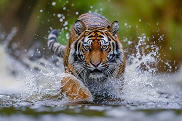 Fototapeta na wymiar Siberian tiger, Panther Tigris Altaic, low angle photo direct face view, running in the water directly at camera with water splashing around. Attacking predator in action. Tiger in taiga environment
