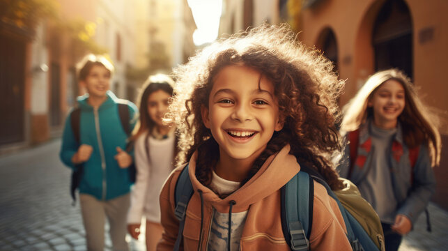 Bright smiles and youthful enthusiasm mark the journey to school for this group of friends