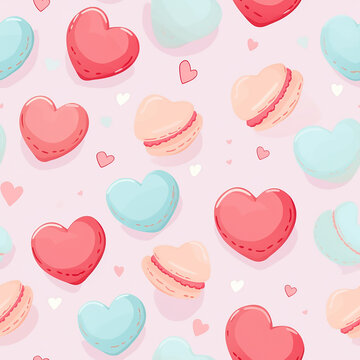 Seamless pattern with hearts and macaroons. Vector illustration.