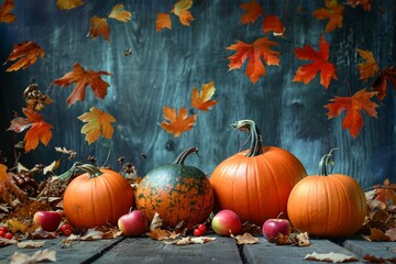 Thanksgiving pumpkins with fruits and falling leaves