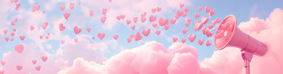 Pink megaphone emitting heart shapes into the sky, a dreamy concept for love messages, romantic events and Valentine's Day marketing campaigns - obrazy, fototapety, plakaty