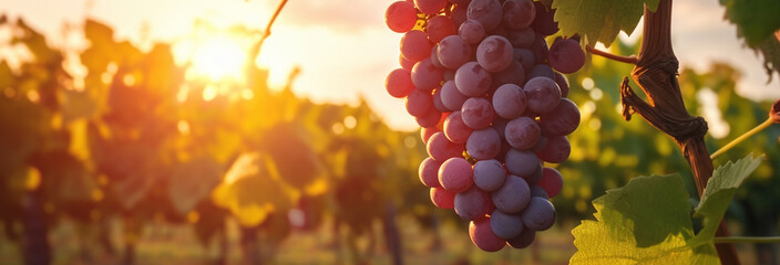 red grapes with leaves on the vine at sunset - obrazy, fototapety, plakaty
