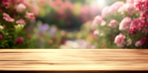 Empty wooden table in front of blurred spring or summer garden background. Banner for design.Can be used mock up for display or montage your products.Gardening season concept.Generative AI - obrazy, fototapety, plakaty