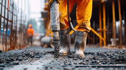 worker pouring concrete at high building construction site