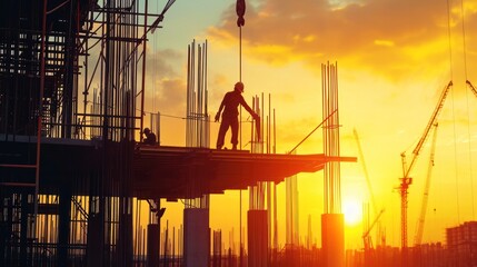 worker pouring concrete at high building construction site